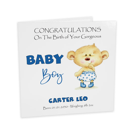 Personalised New Baby Card (Baby Bear) - Blue