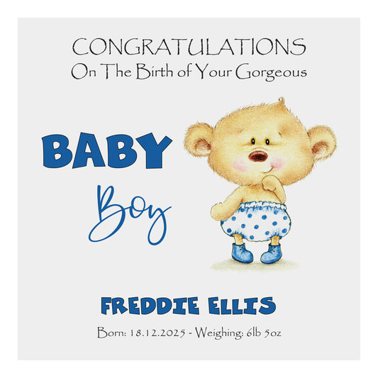 Personalised New Baby Card (Baby Bear) - Blue