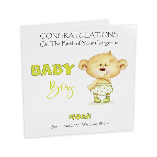 Personalised New Baby Card (Baby Bear) - Green