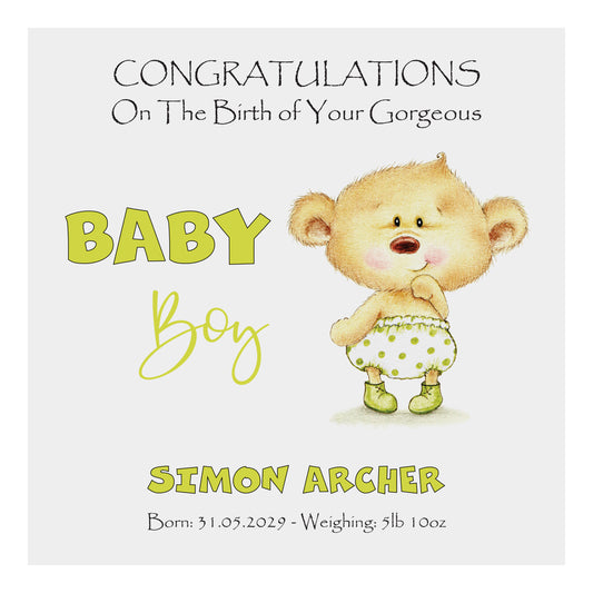Personalised New Baby Card (Baby Bear) - Green