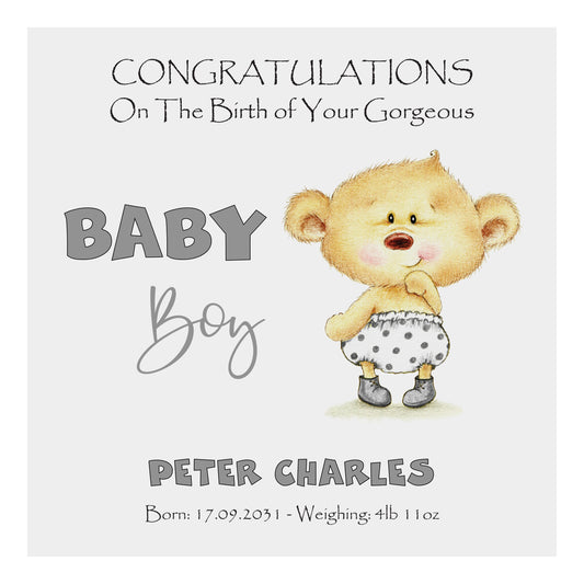 Personalised New Baby Card (Baby Bear) - Grey