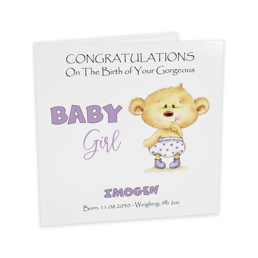 Personalised New Baby Card (Baby Bear) - Lilac