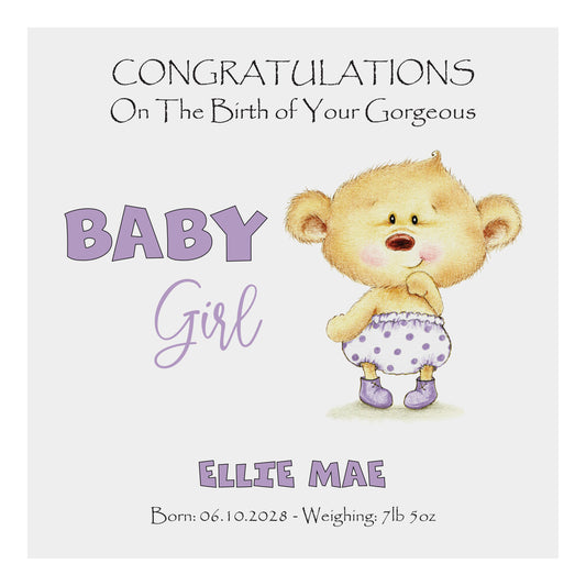 Personalised New Baby Card (Baby Bear) - Lilac
