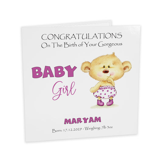 Personalised New Baby Card (Baby Bear) - Pink