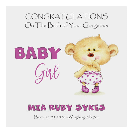 Personalised New Baby Card (Baby Bear) - Pink