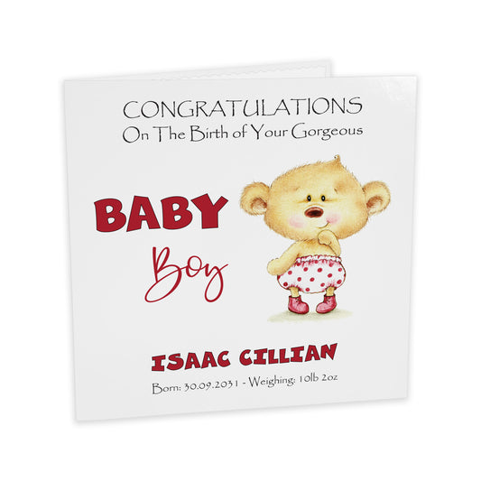 Personalised New Baby Card (Baby Bear) - Red