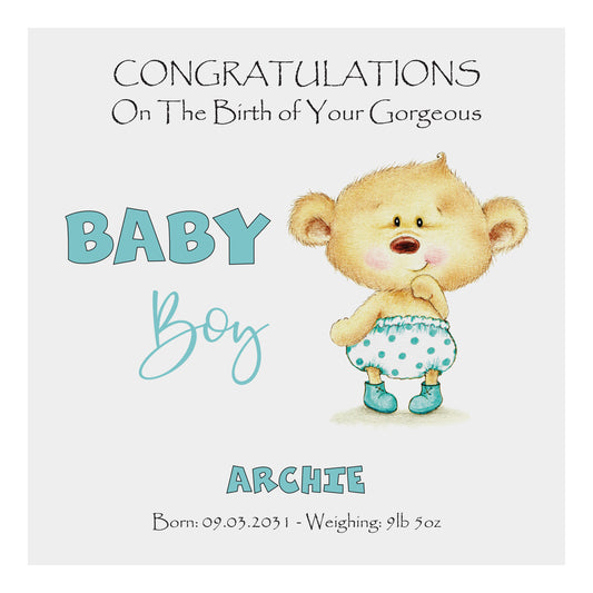 Personalised New Baby Card (Baby Bear) - Turquoise
