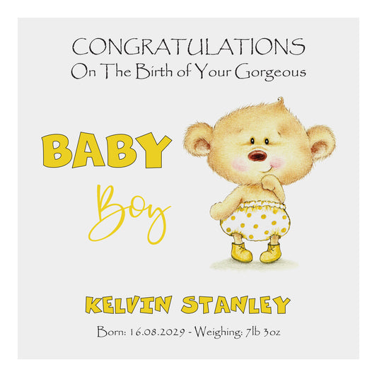 Personalised New Baby Card (Baby Bear) - Yellow