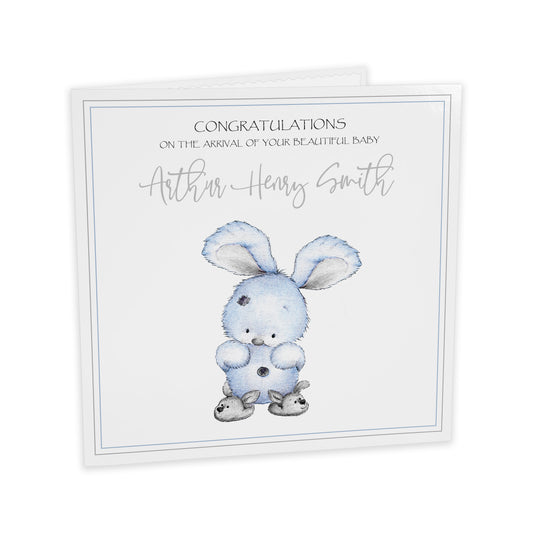 Personalised New Baby Card (Bunny Slippers) - Blue & Grey