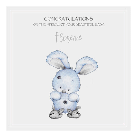 Personalised New Baby Card (Bunny Slippers) - Blue & Grey