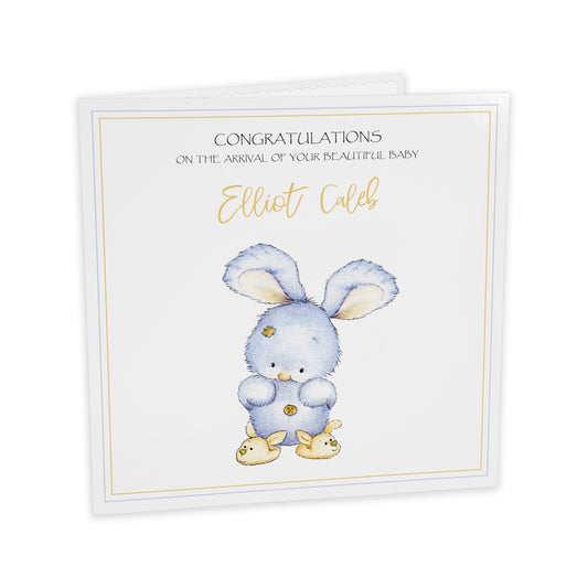 Personalised New Baby Card (Bunny Slippers) - Blue & Yellow