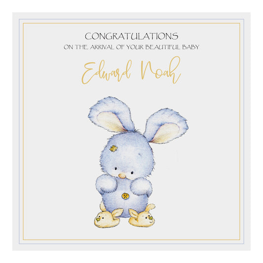 Personalised New Baby Card (Bunny Slippers) - Blue & Yellow