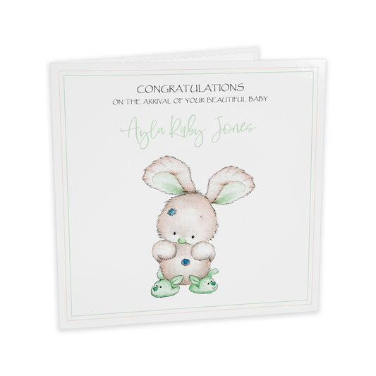Personalised New Baby Card (Bunny Slippers) - Brown & Green
