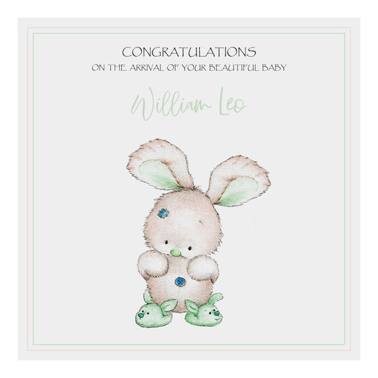 Personalised New Baby Card (Bunny Slippers) - Brown & Green