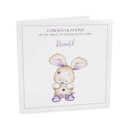 Personalised New Baby Card (Bunny Slippers) - Brown & Purple