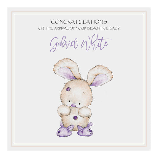 Personalised New Baby Card (Bunny Slippers) - Brown & Purple