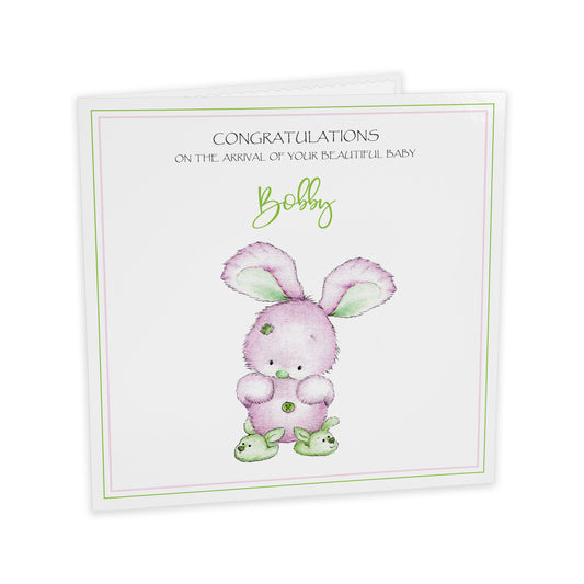 Personalised New Baby Card (Bunny Slippers) - Pink & Green