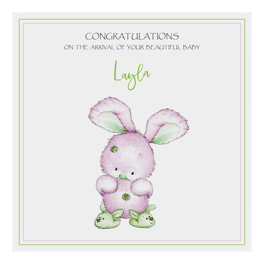 Personalised New Baby Card (Bunny Slippers) - Pink & Green