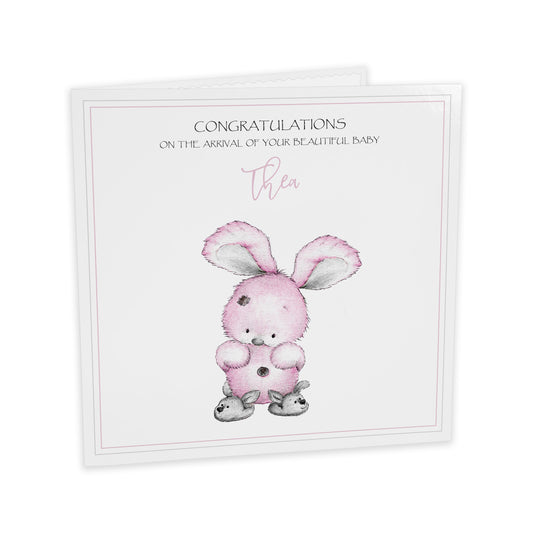 Personalised New Baby Card (Bunny Slippers) - Pink & Grey