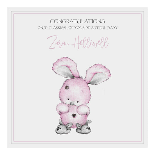 Personalised New Baby Card (Bunny Slippers) - Pink & Grey