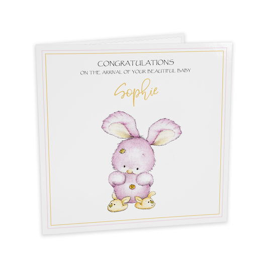 Personalised New Baby Card (Bunny Slippers) - Pink & Yellow