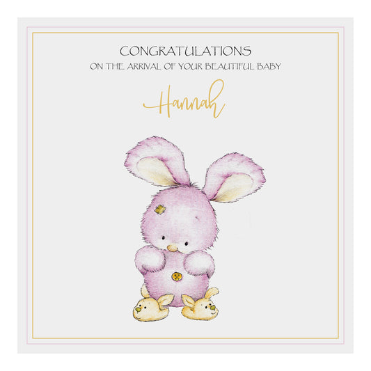 Personalised New Baby Card (Bunny Slippers) - Pink & Yellow
