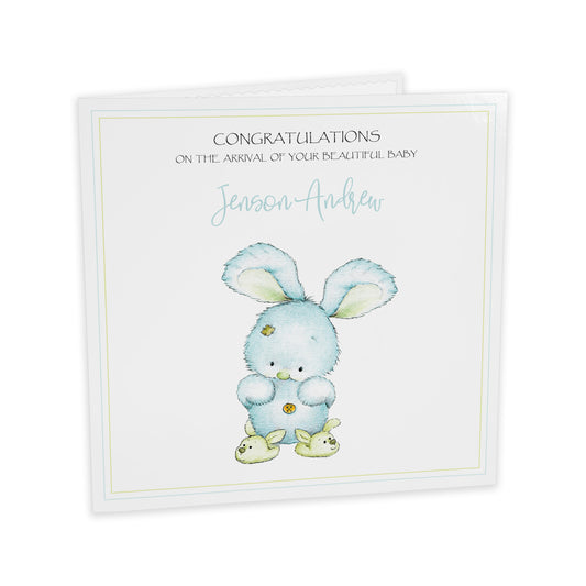 Personalised New Baby Card (Bunny Slippers) - Turquoise & Green