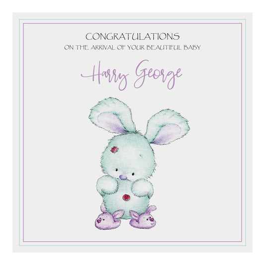 Personalised New Baby Card (Bunny Slippers) - Turquoise & Purple