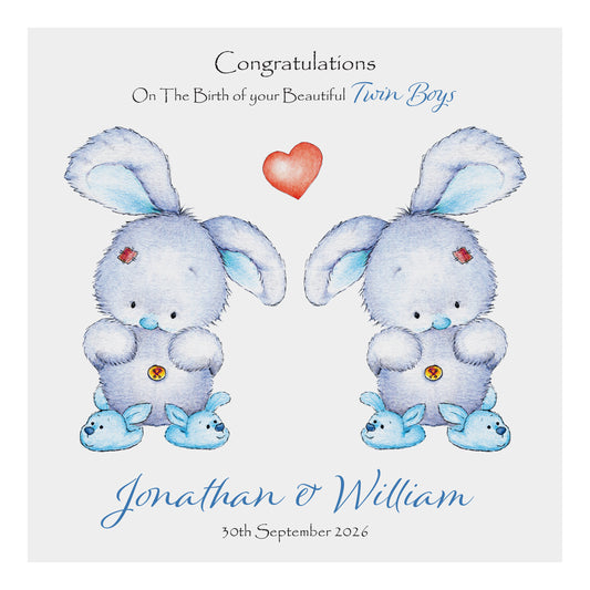 Personalised New Baby Card (Twin Bunnies) - Blue & Blue