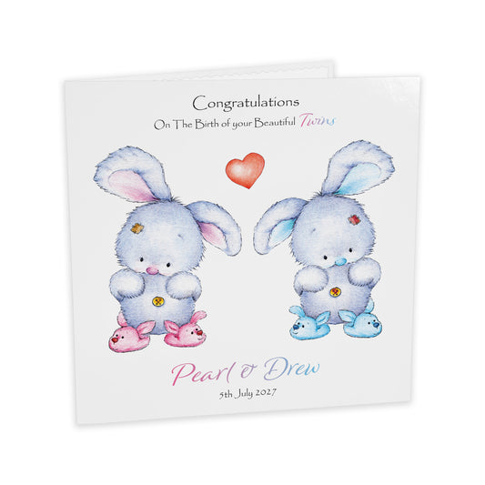 Personalised New Baby Card (Twin Bunnies) - Pink & Blue