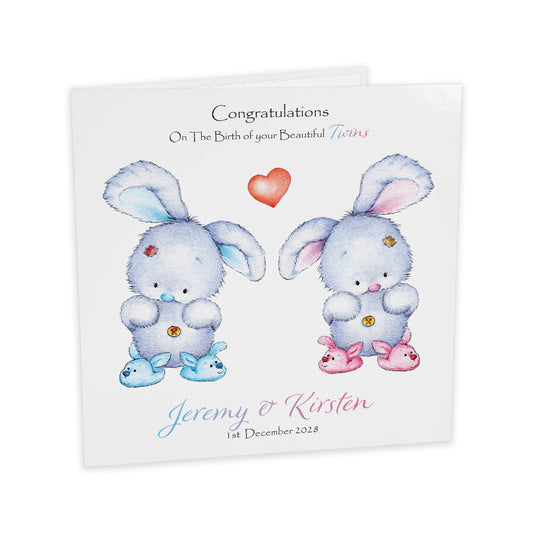 Personalised New Baby Card (Twin Bunnies) - Blue & Pink