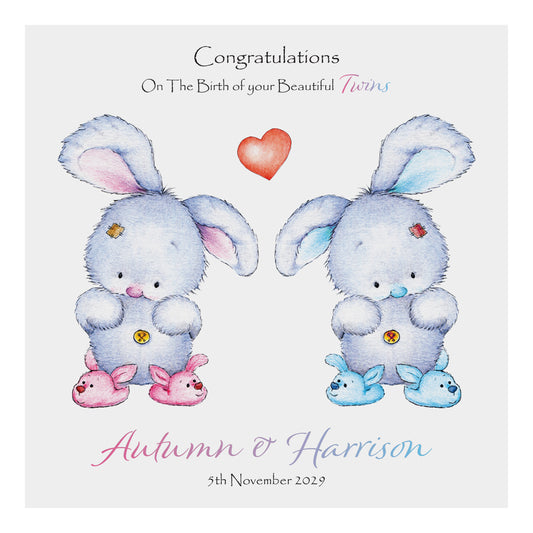 Personalised New Baby Card (Twin Bunnies) - Pink & Blue