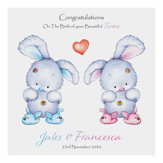 Personalised New Baby Card (Twin Bunnies) - Blue & Pink