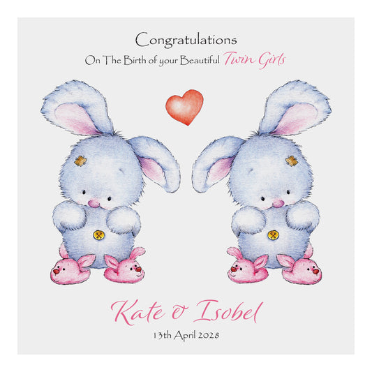 Personalised New Baby Card (Twin Bunnies) - Pink & Pink