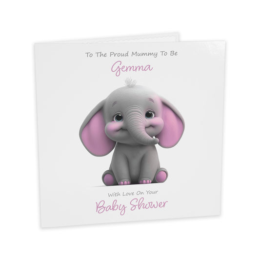 Personalised Baby Shower Card (Cute Elephant) - Rose Pink
