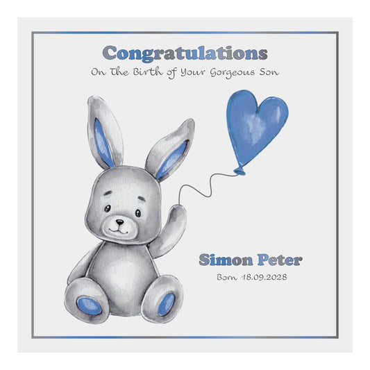 Personalised New Baby Card (Balloon Bunny) - Blue