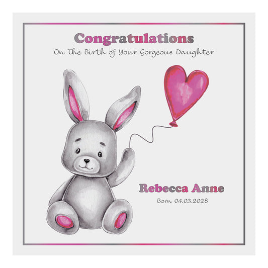 Personalised New Baby Card (Balloon Bunny) - Cerise Pink