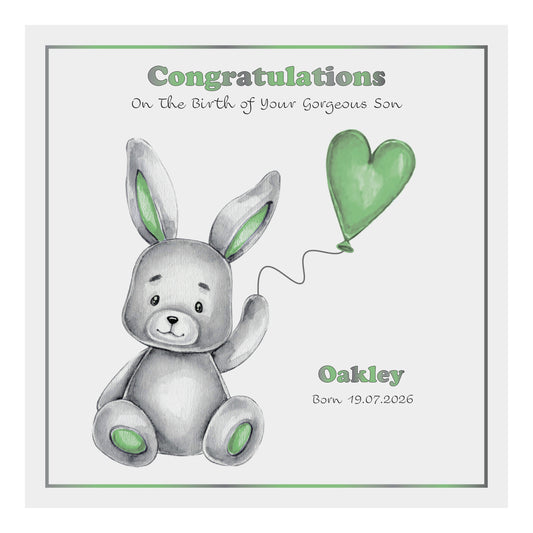 Personalised New Baby Card (Balloon Bunny) - Green