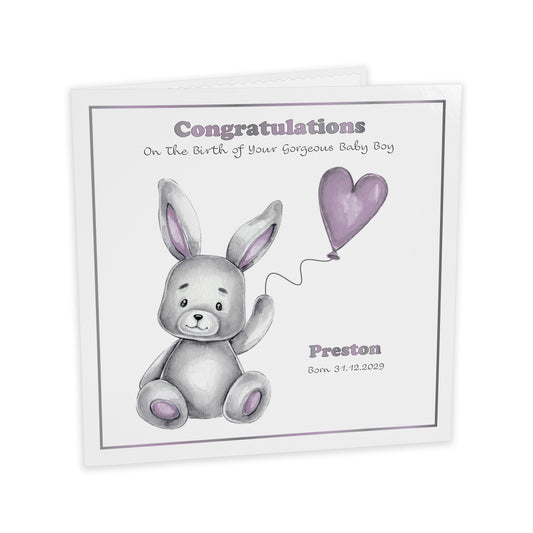 Personalised New Baby Card (Balloon Bunny) - Lavender