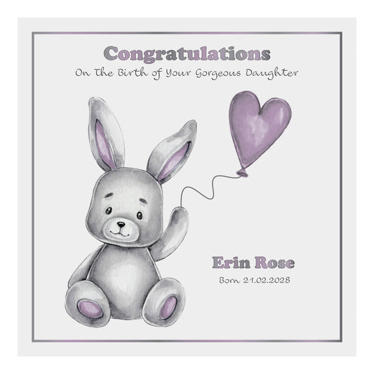 Personalised New Baby Card (Balloon Bunny) - Lavender