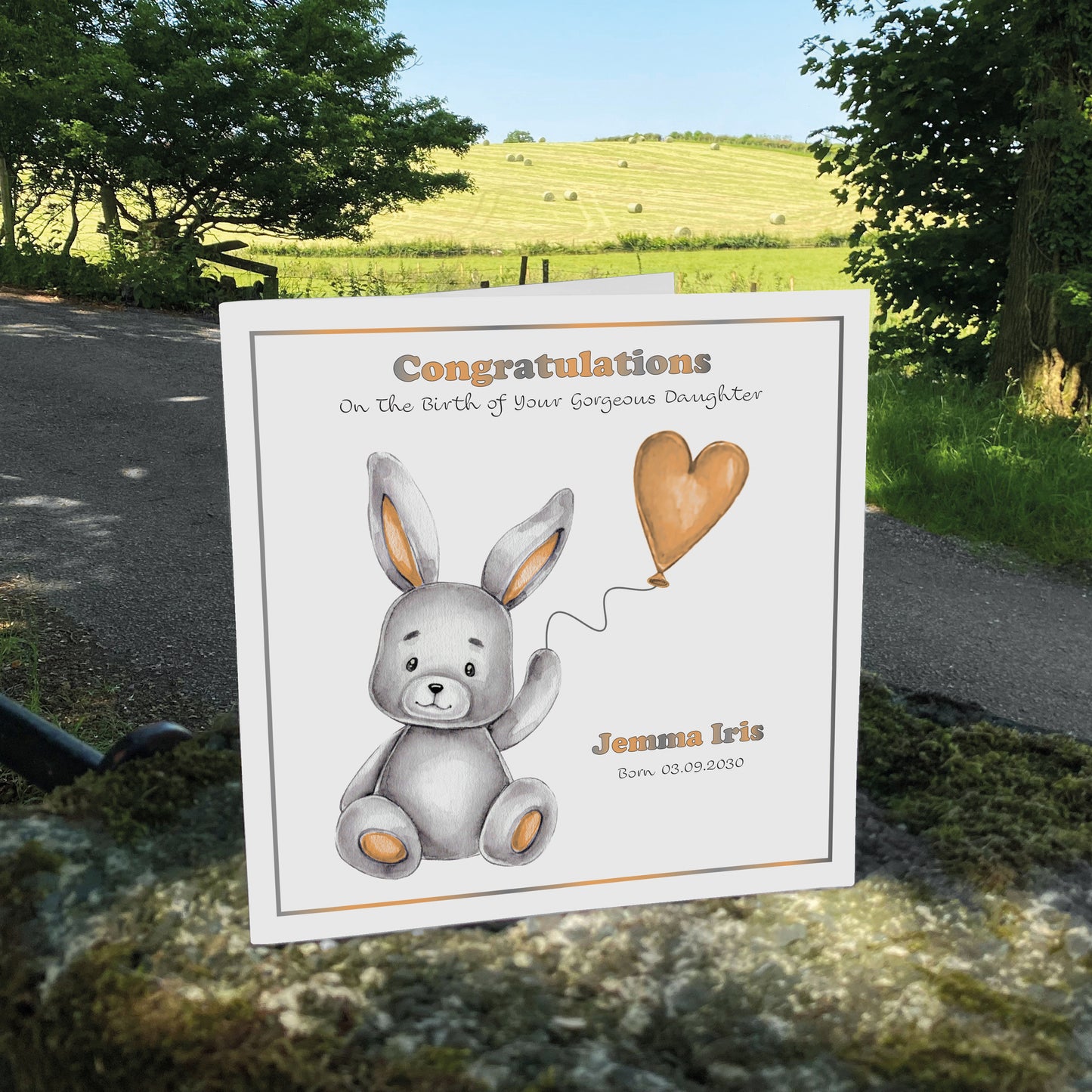Personalised New Baby Card (Balloon Bunny) - Peach