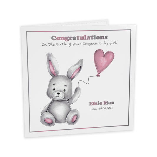 Personalised New Baby Card (Balloon Bunny) - Pink