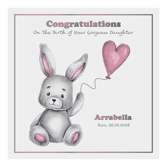 Personalised New Baby Card (Balloon Bunny) - Pink