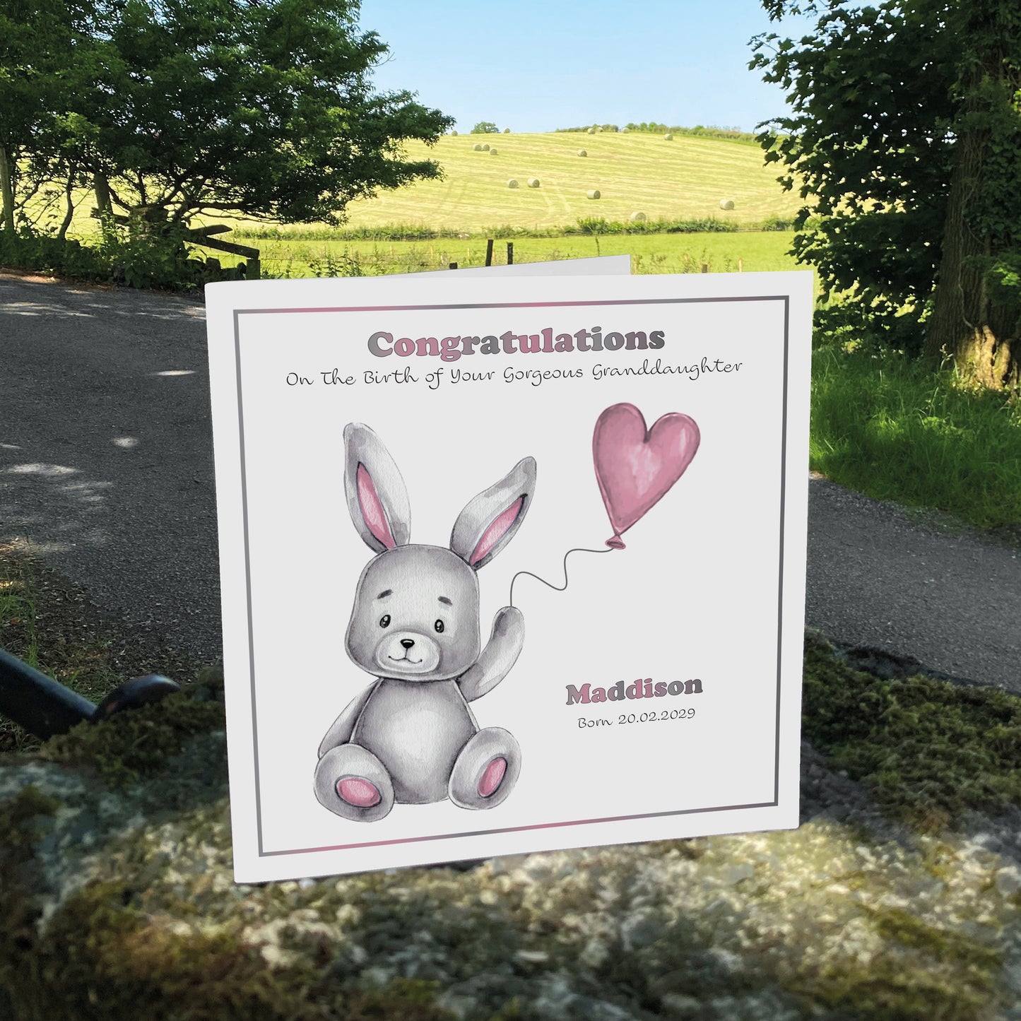 Personalised New Baby Card (Balloon Bunny) - Pink