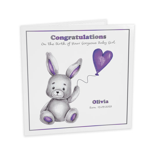 Personalised New Baby Card (Balloon Bunny) - Purple
