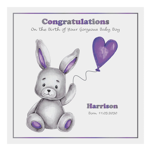 Personalised New Baby Card (Balloon Bunny) - Purple