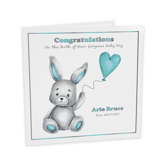 Personalised New Baby Card (Balloon Bunny) - Turquoise