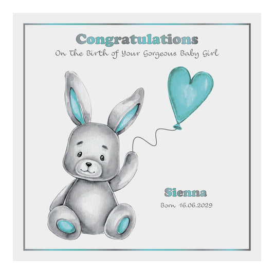 Personalised New Baby Card (Balloon Bunny) - Turquoise