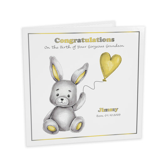 Personalised New Baby Card (Balloon Bunny) - Yellow
