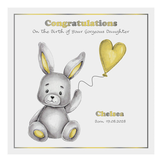 Personalised New Baby Card (Balloon Bunny) - Yellow